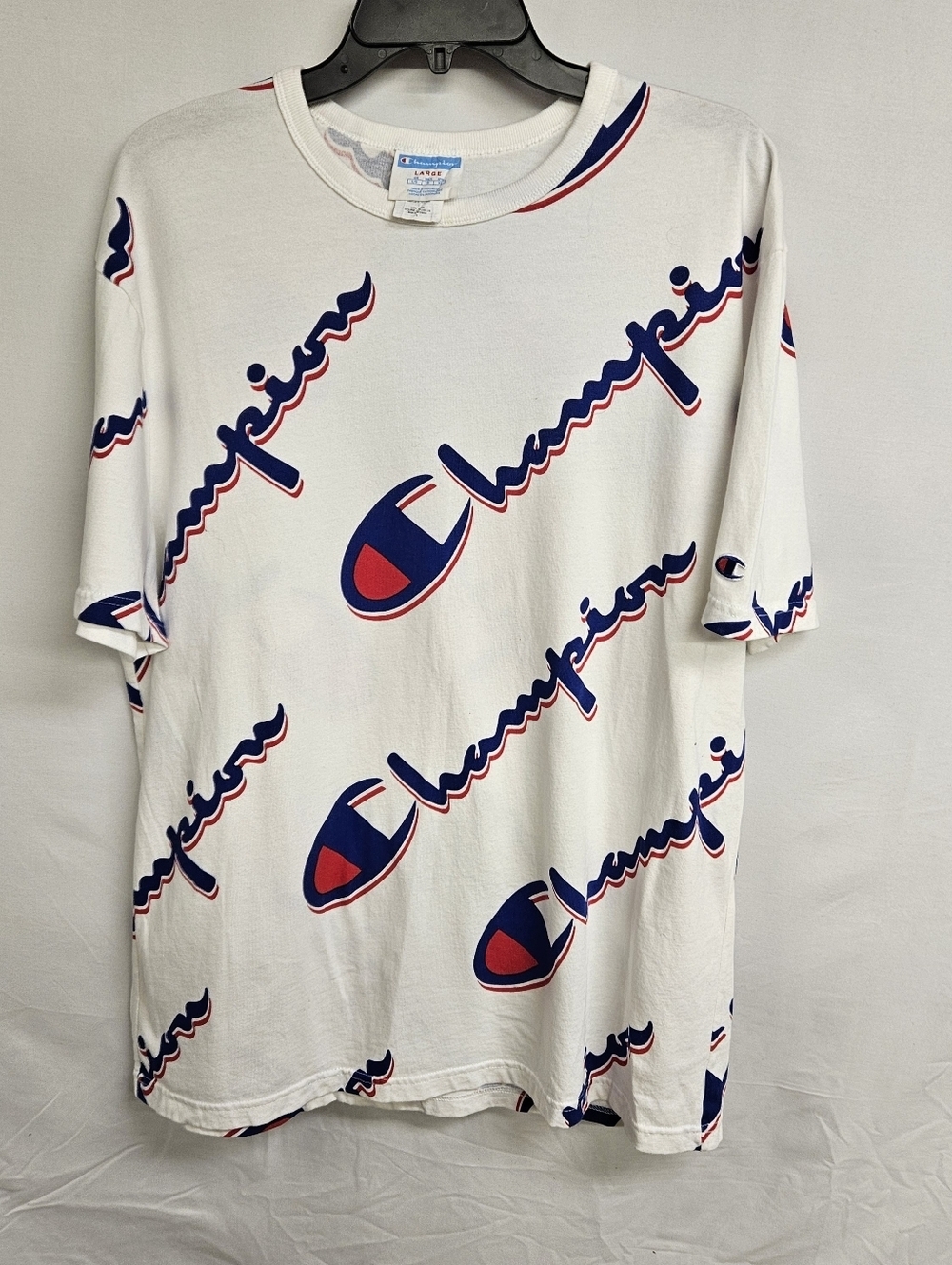 Champion Vintage Retro Mens White Large Shirt Short Sleeve AOP
